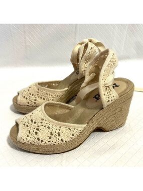 Mudd Y2K Platform Lace Up Espadrilles Peep Toe Crochet Cream White Size 6.5-7